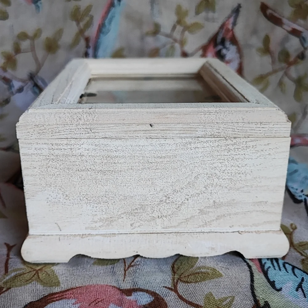 Raw Wood Unfinished Wooden Wood Jewelry Craft Stash Box Glass Lid Photograph NEW